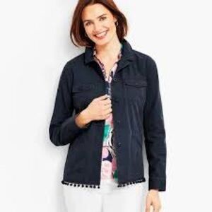 TALBOTS Womens Jacket XS Blue Button Up Short Utility Twill Pom Pom